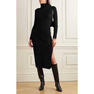 Reformation Womens Robin Dress Black Turtle Neck Cashmere Midi Side Slit Stretch